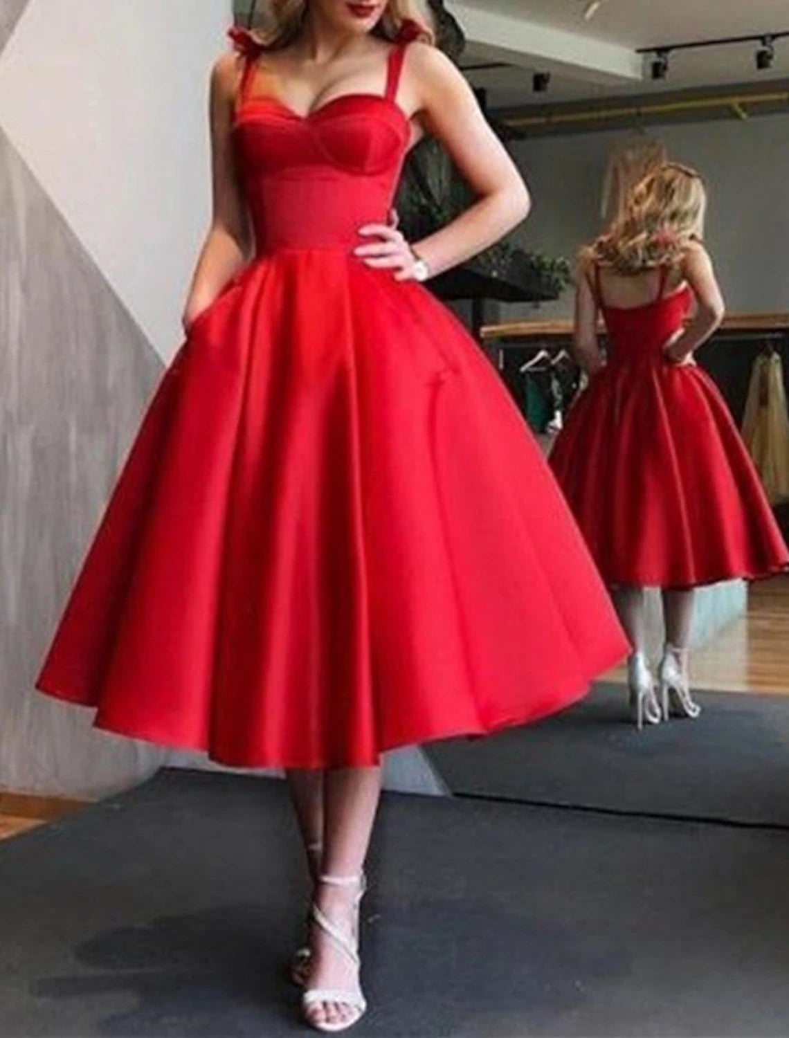 A-Line Elegant Sleeveless Spaghetti Strap Satin with Pleats Tea Length Homecoming Dresses